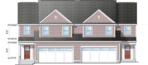 Front elevation of plan #4282 featuring a two-car garage (per unit) and covered front porch/entry ways.