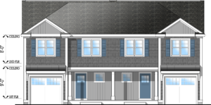 Front elevation of plan #4275. A two-story duplex featuring a 1-car garage, covered entry/porch, and shingle siding.