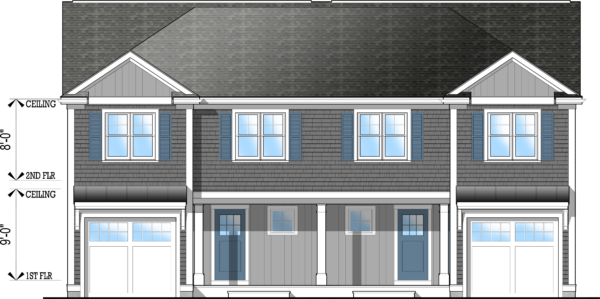 Front elevation of plan #4275. A two-story duplex featuring a 1-car garage, covered entry/porch, and shingle siding.