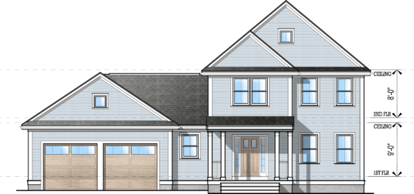 Front elevation of plan #4309 featuring it's modern farmhouse design, two-car garage and covered porch/entry way.