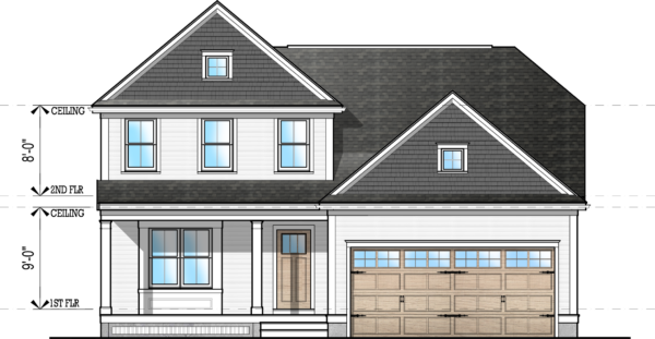 Front elevation of plan #4321 featuring a modern farmhouse facade, covered porch/entry way and two-car garage.