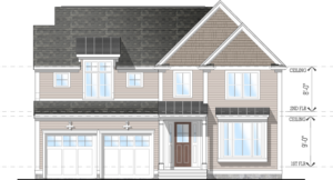 Front elevation of plan #4329 featuring shingle siding, covered porch/entry way and a two-car garage.