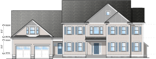 Front elevation of plan #4332 featuring a covered porch/entry way, and two-car garage.