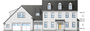 Front elevation of plan #4343 which features a colonial style facade, covered porch/entry, dormer roof, and two-car garage.