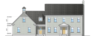 Front elevation of plan #4344 featuring a covered entry, and cupola a top a two-car car.