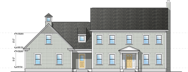 Front elevation of plan #4344 featuring a covered entry, and cupola a top a two-car car.