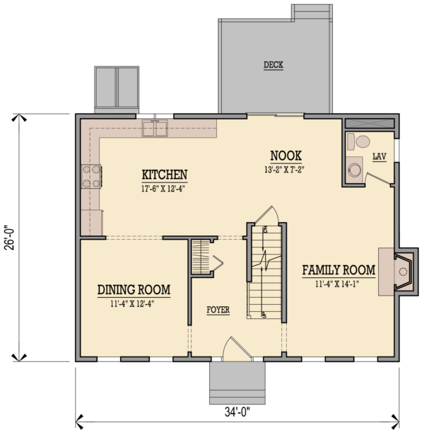 First floor plan of plan #4349 featuring an open concept kitchen/breakfast nook, dining room and family room. with a slider out to a back deck.