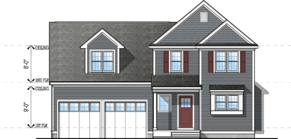 Plan #4340 front elevation featuring a dormer roof above the two-car garage, partial shingle siding and a covered porch/entry way.