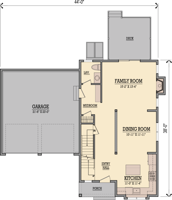 First floor plan featuring an open concept kitchen, dining and family room area, mudroom and half bath. And a sliding door out to the deck.