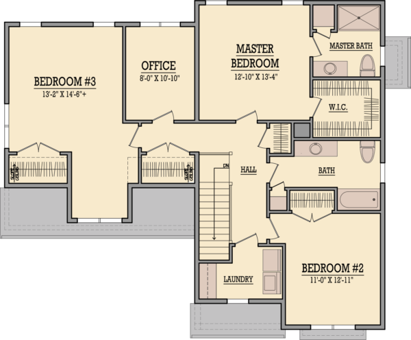 Second floor plan featuring a master suite, two additional bedrooms, and a office perfect for working from home. It also features a full bath and laundry room.
