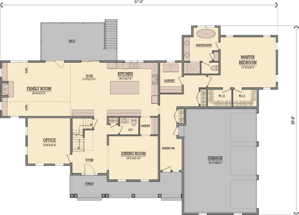 First floor plan featuring an open concept kitchen / nook that leads into a vaulted family room, perfect for hosting guests. Off of the front is a work from home office next to an open foyer. It also features the master bedroom with laundry near by.