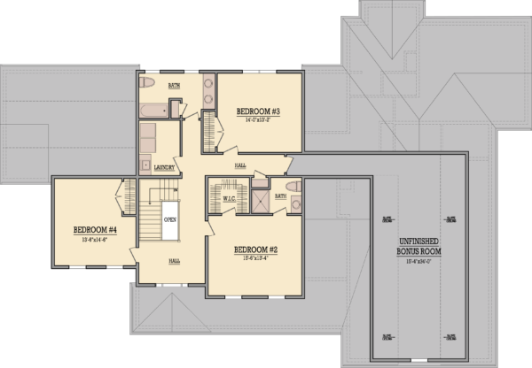 Second floor plan featuring three bedrooms, an additional laundry room and full bathroom. Bedroom #2 has its own walk in closet as well as full bathroom.