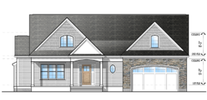 Front elevation of plan #4355 featuring a one door two-car garage, and partial shingle siding.