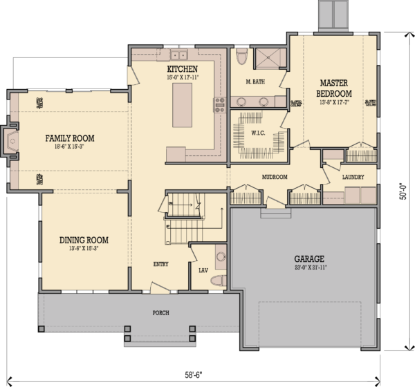 The first floor plan features a first floor master, dining room, mudroom, and an open concept kitchen leading out to the family room.