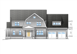 Front elevation featuring a gambrel/dutch facade, two-car garage, partial shingle siding and a covered porch/entry.