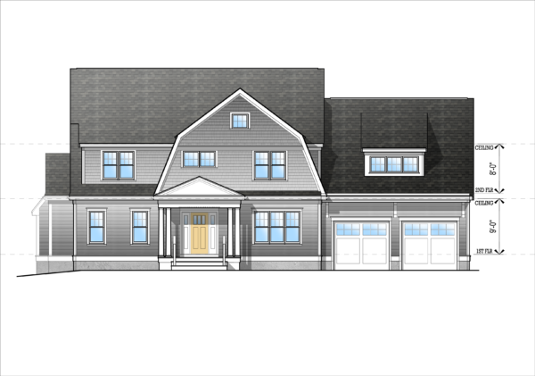 Front elevation featuring a gambrel/dutch facade, two-car garage, partial shingle siding and a covered porch/entry.