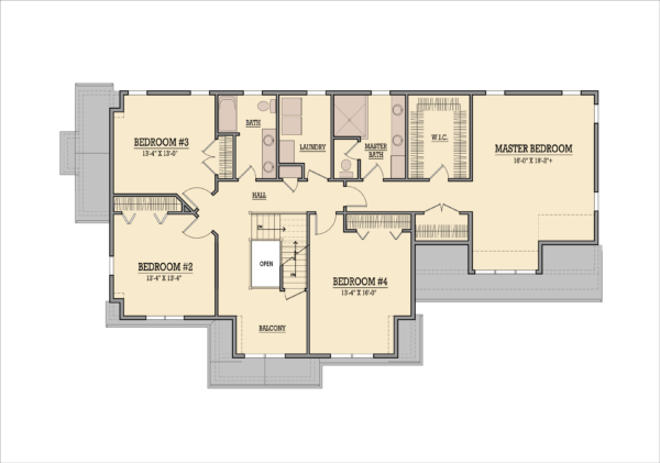The second floor plan features a master bedroom suite, 3 additional bedrooms, laundry room and full bath.
