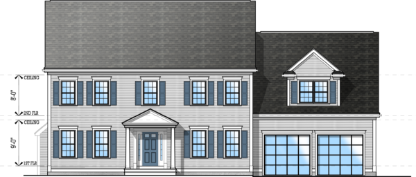 Front elevation of this colonial style single family home featuring a two-car garage and clapboard siding.