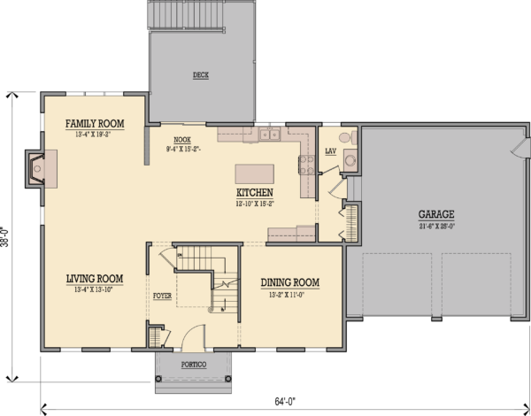 The first floor plan features an open concept kitchen leading out to a breakfast nook with deck off the back, and family room.