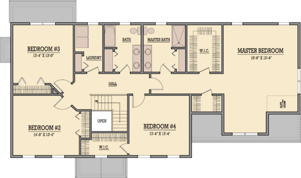 Second floor plan offers four bedrooms including a master suite as well as a full bath and laundry room.